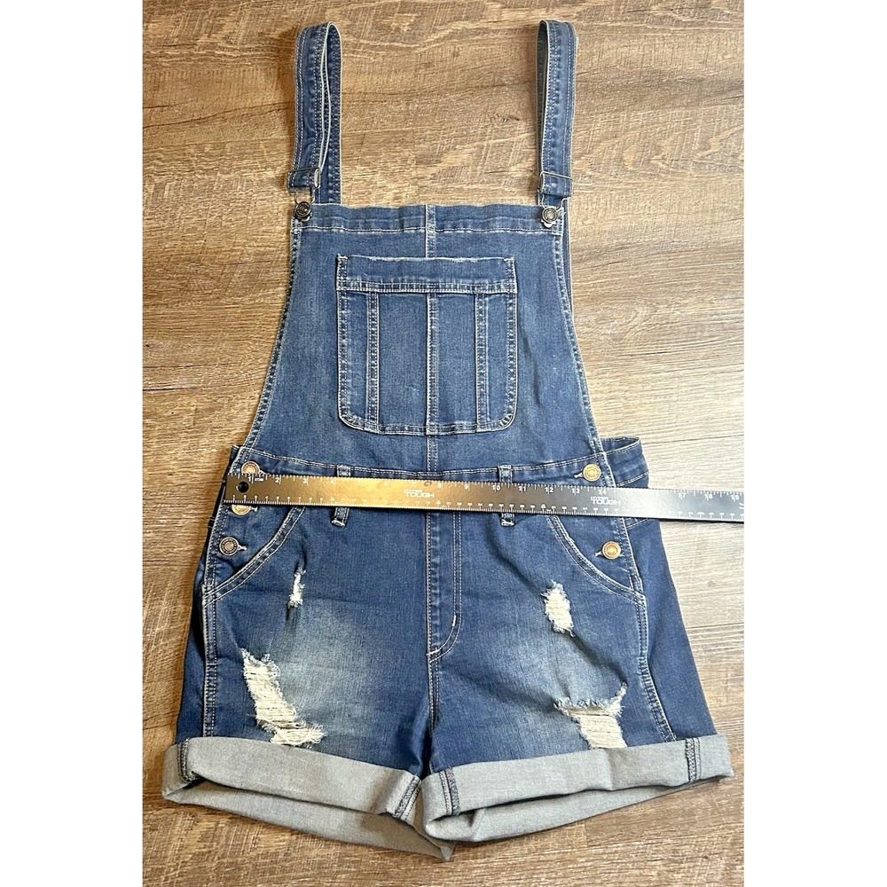 KanCan Women's Sz M Blue Denim Distressed Overall Shorts Romper Stretch Pockets - Picture 4 of 14
